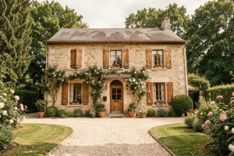 Vue générale d'une chambre d'hôtes typique en Essonne, maison en pierre avec jardin fleuri et allée de gravier