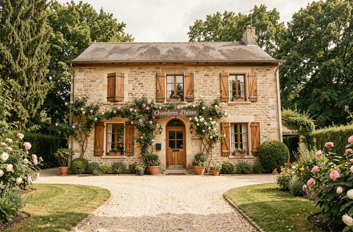 Vue générale d'une chambre d'hôtes typique en Essonne, maison en pierre avec jardin fleuri et allée de gravier