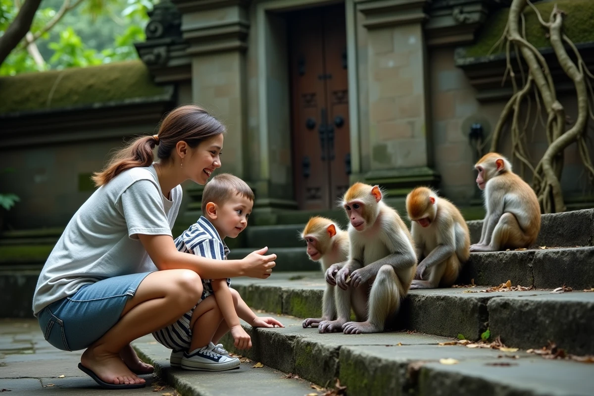 Mère et enfant observant des macaques sur des marches en pierre au Monkey Forest d'Ubud Bali, porte balinaise traditionnelle en arrière-plan dans la jungle