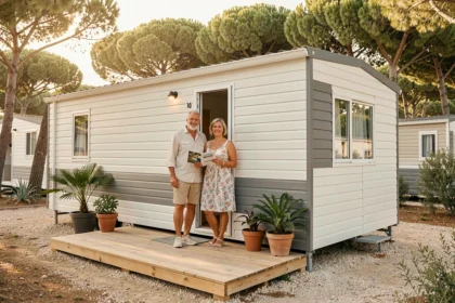 Couple devant un mobil-home moderne de marque française dans un camping provençal entouré de pins