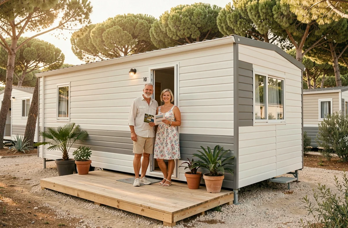 Couple devant un mobil-home moderne de marque française dans un camping provençal entouré de pins