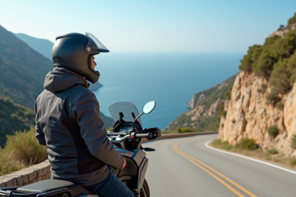Homme en veste textile et casque sur une route de montagne en Corse