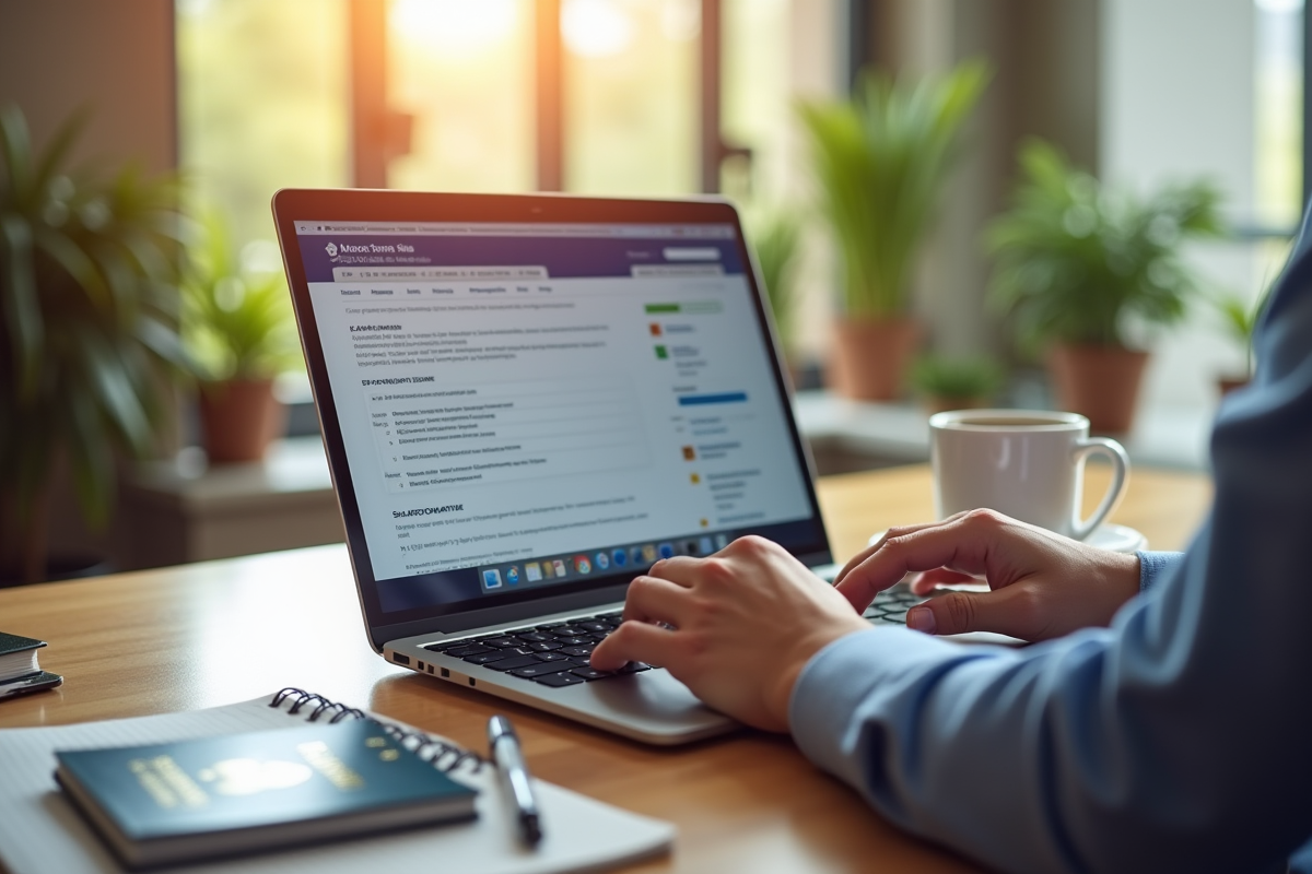 Main tapant sur un site de demande de visa américain sur ordinateur