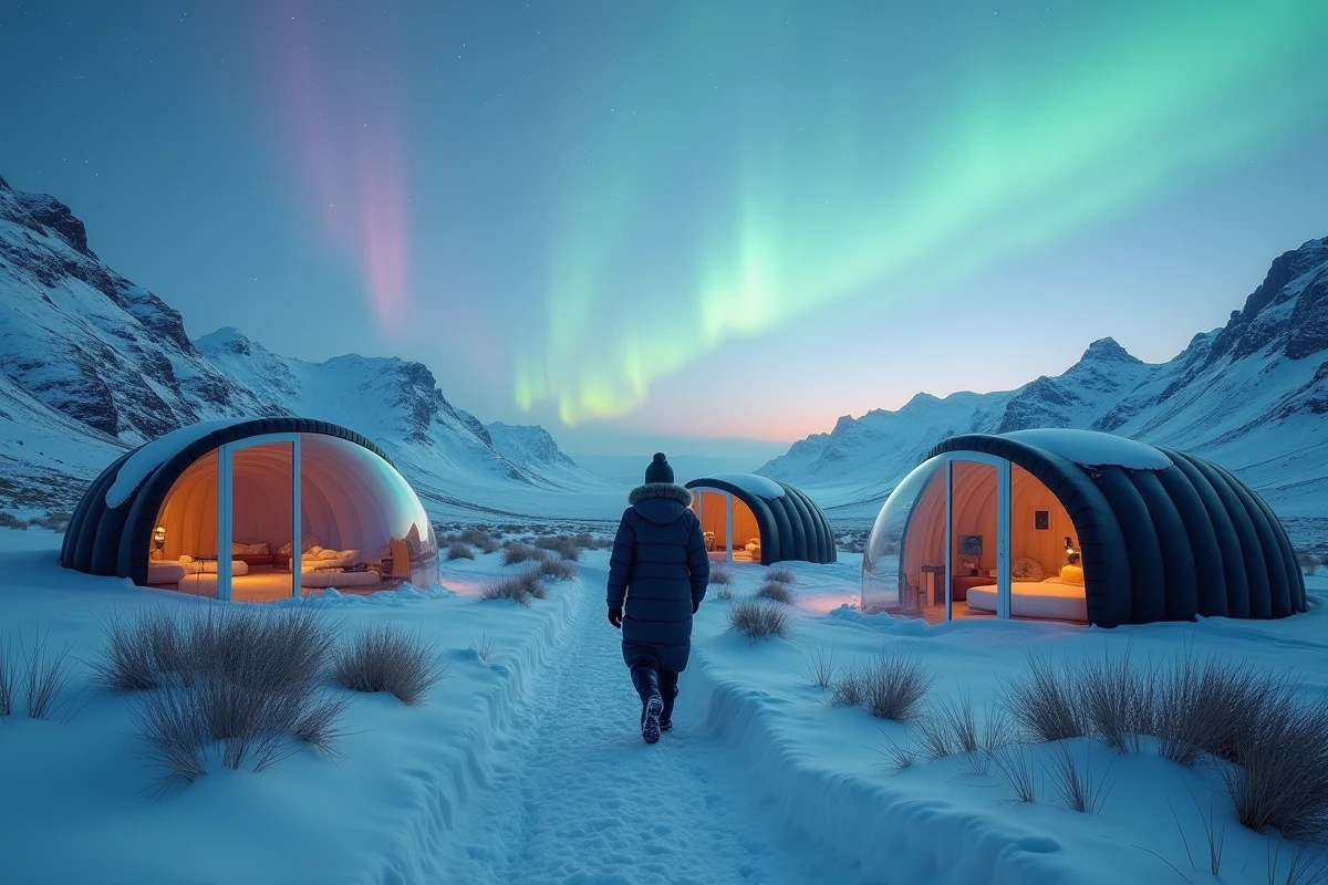 Vue panoramique sur trois igloos de verre dans un paysage islandais enneigé au crépuscule avec aurore boréale naissante