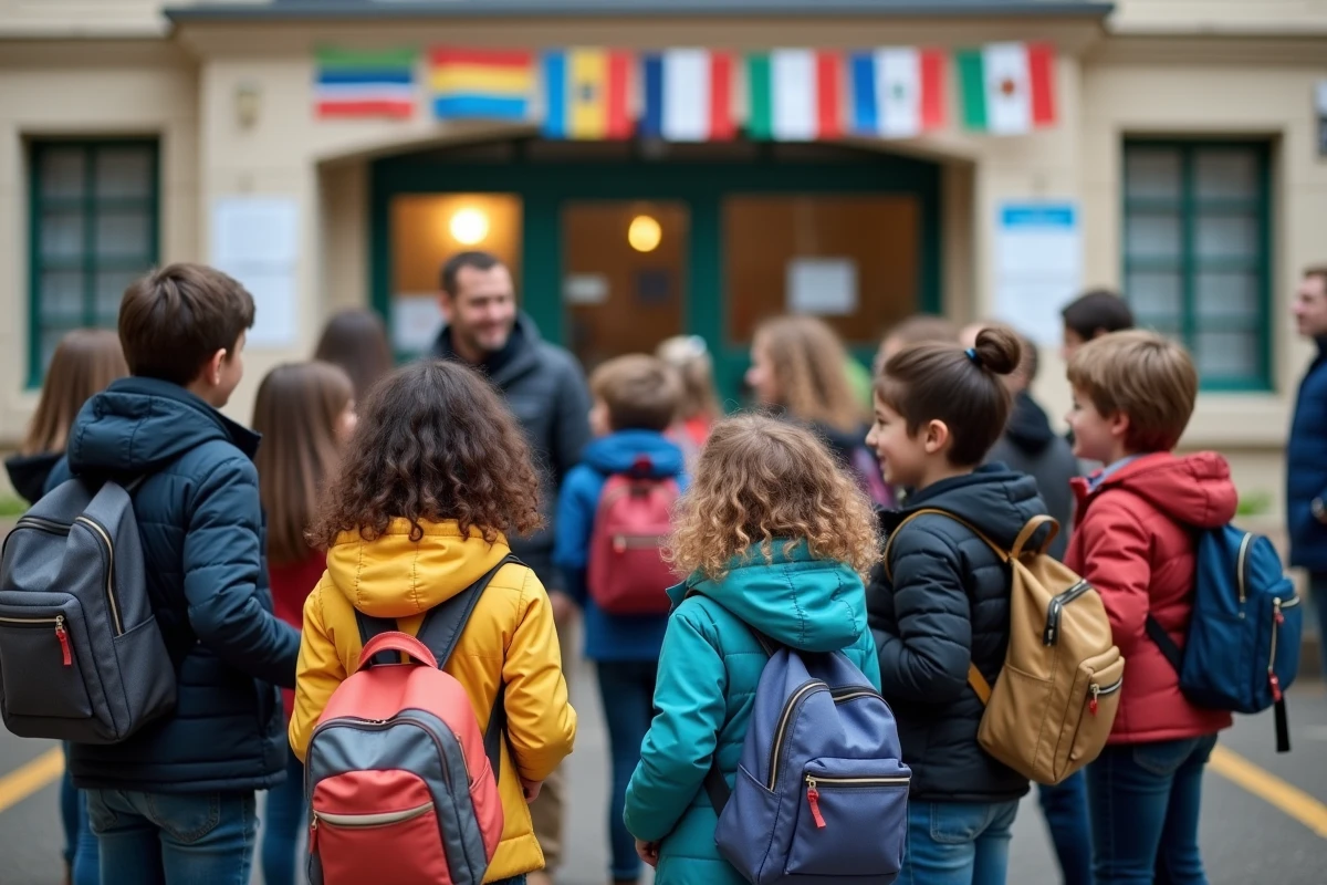 Groupe de parents et enfants discutant devant une école française