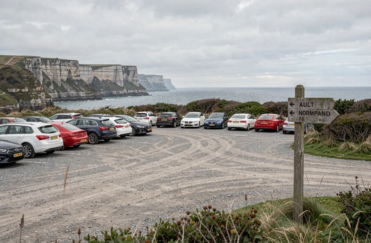 Parking accessible près des falaises d'Ault en Normandie avec signalétique et vue sur la Manche