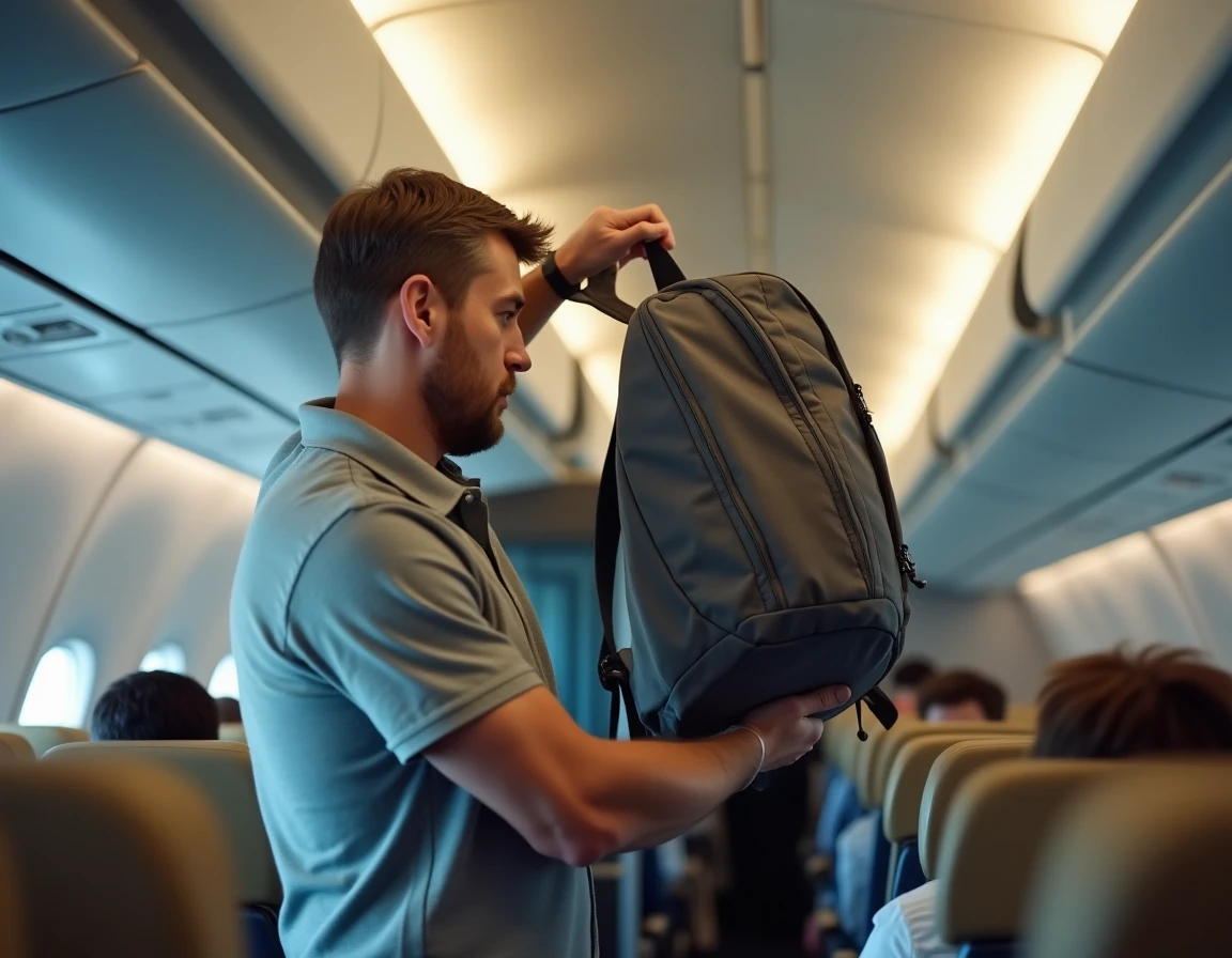 Passager rangeant son bagage à main dans le compartiment supérieur d'un avion Volotea