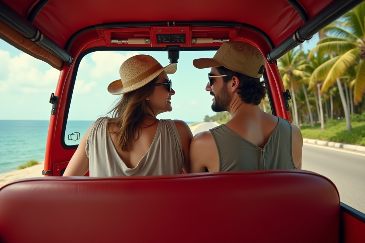 Jeunes backpackers dans un tuk tuk en bord de mer