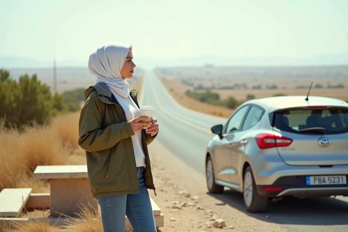 Pause café lors d'un trajet en voiture sur l'autoroute tunisienne entre Monastir et Tunis près d'une aire de repos