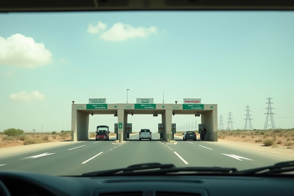 Péage sur l'autoroute tunisienne reliant Monastir à Tunis avec cabines de péage et signalisation bilingue