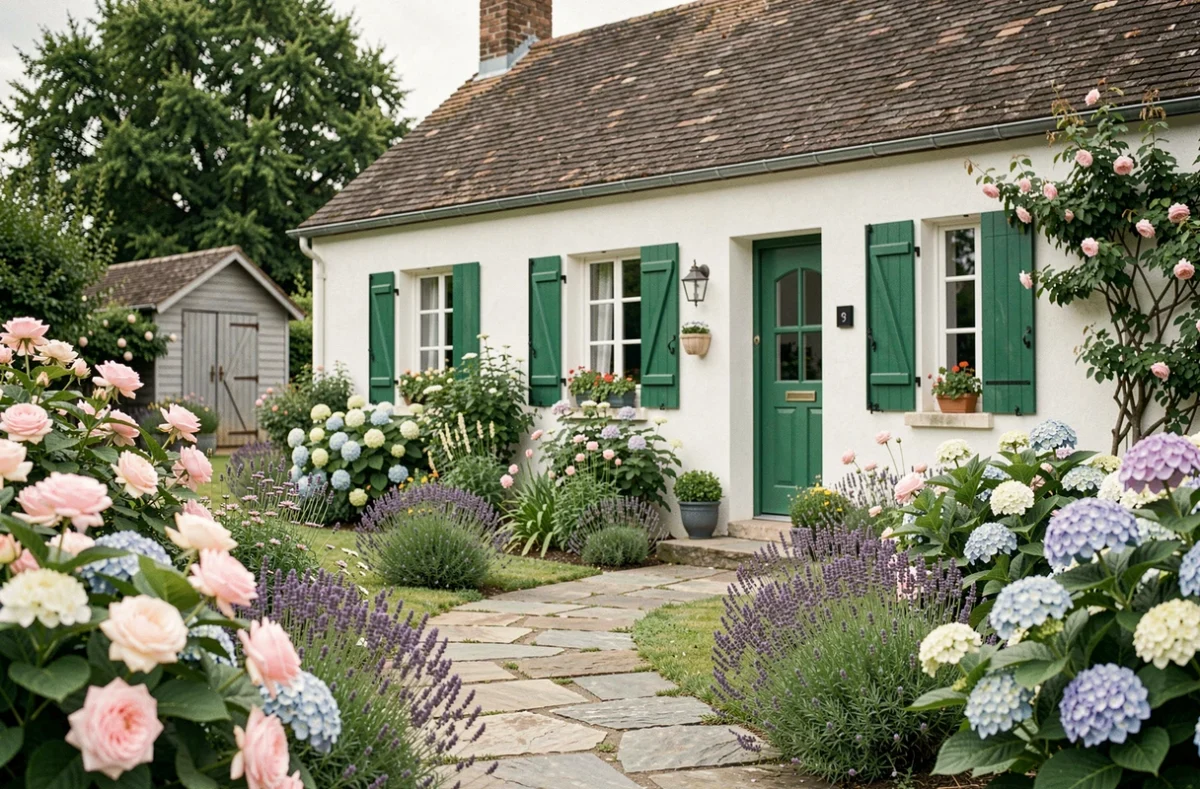 Façade du Petit Jardin du Coudray à Étréchy, maison blanche avec volets verts entourée d'un jardin fleuri de roses et lavandes