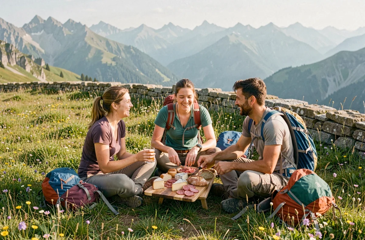 Groupe de randonneurs partageant un pique-nique sur un alpage fleuri avec panorama montagneux en Valle d'Aoste