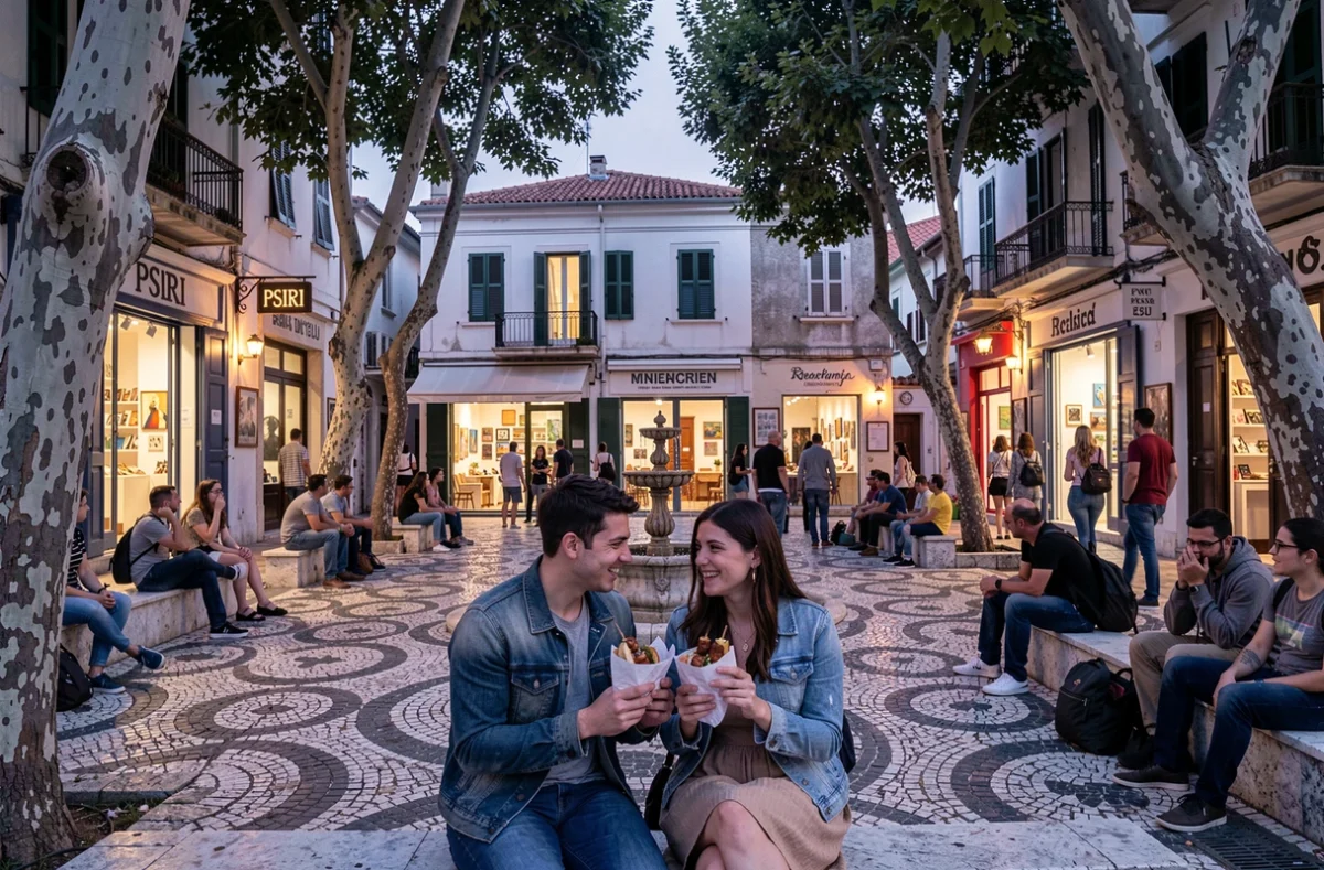 Place centrale animée du quartier Psiri à Athènes en fin de journée, avec des boutiques indépendantes et des voyageurs partageant des plats à emporter