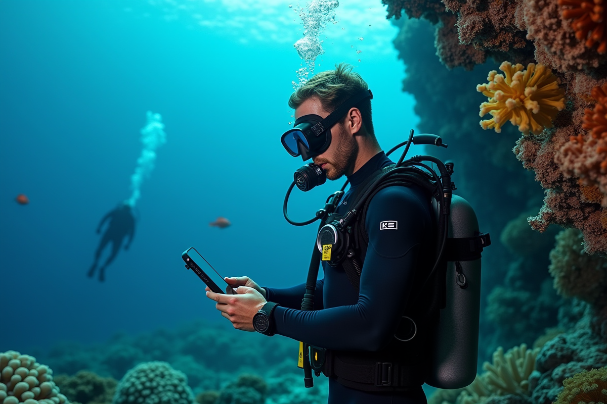 Jeune plongeur observant un corail sous l