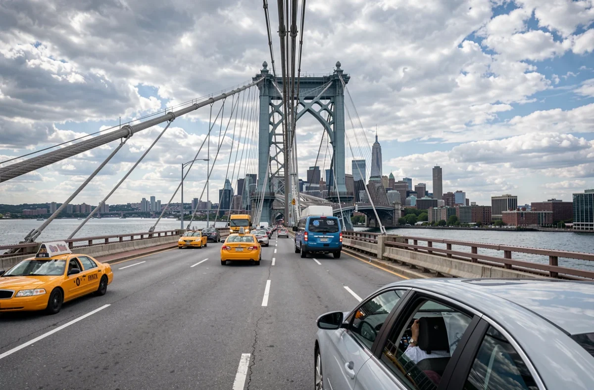Vue du pont Kosciuszko reliant Queens et Brooklyn avec des taxis new-yorkais transportant des voyageurs depuis l'aéroport