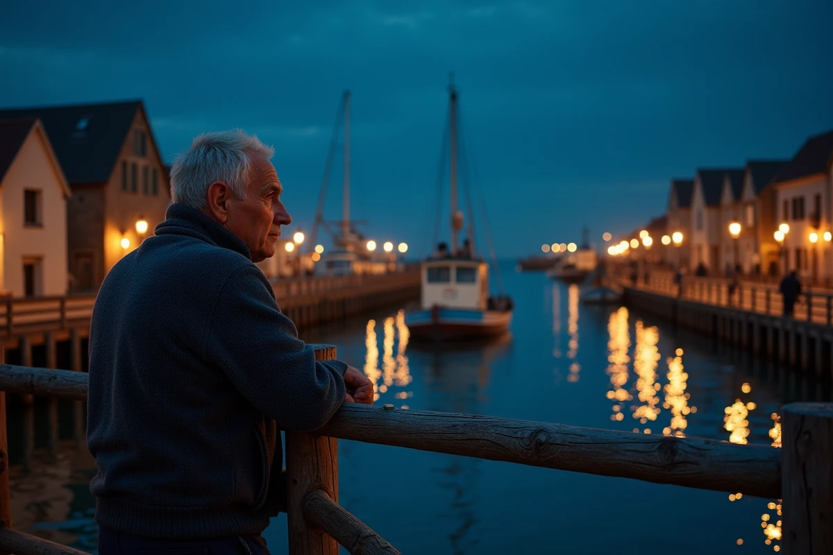 Homme contemplant le port ostréicole d'Arcachon la nuit, cabanes colorées et bateaux amarrés avec reflets sur l'eau