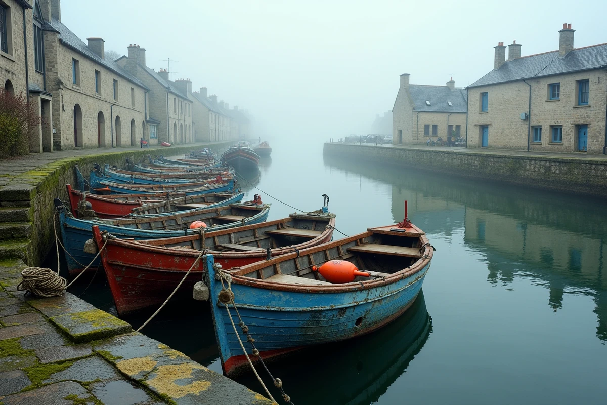 Port de pêche normand avec bateaux colorés amarrés sur un quai en pierre, village côtier de la Manche