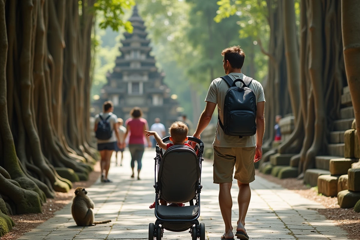 Père poussant une poussette sur le chemin accessible du Monkey Forest de Bali avec un bébé regardant un singe, grands arbres banyans encadrant le sentier