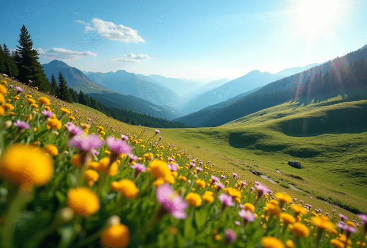 Prairie ensoleillée sur le Plateau de Beille avec fleurs sauvages