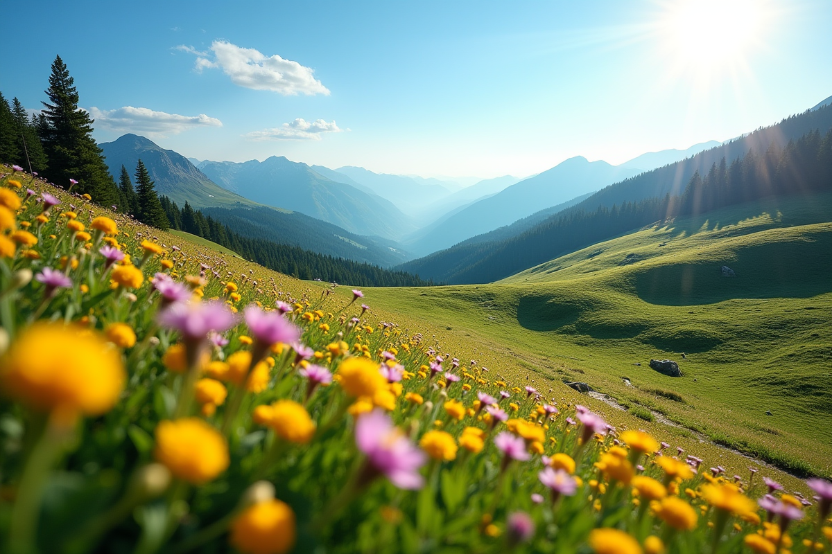 Prairie ensoleillée sur le Plateau de Beille avec fleurs sauvages