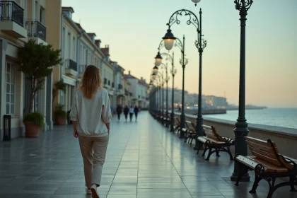 Femme se promenant sur le front de mer d'Arcachon le soir, bord de mer animé avec lampadaires Belle Époque