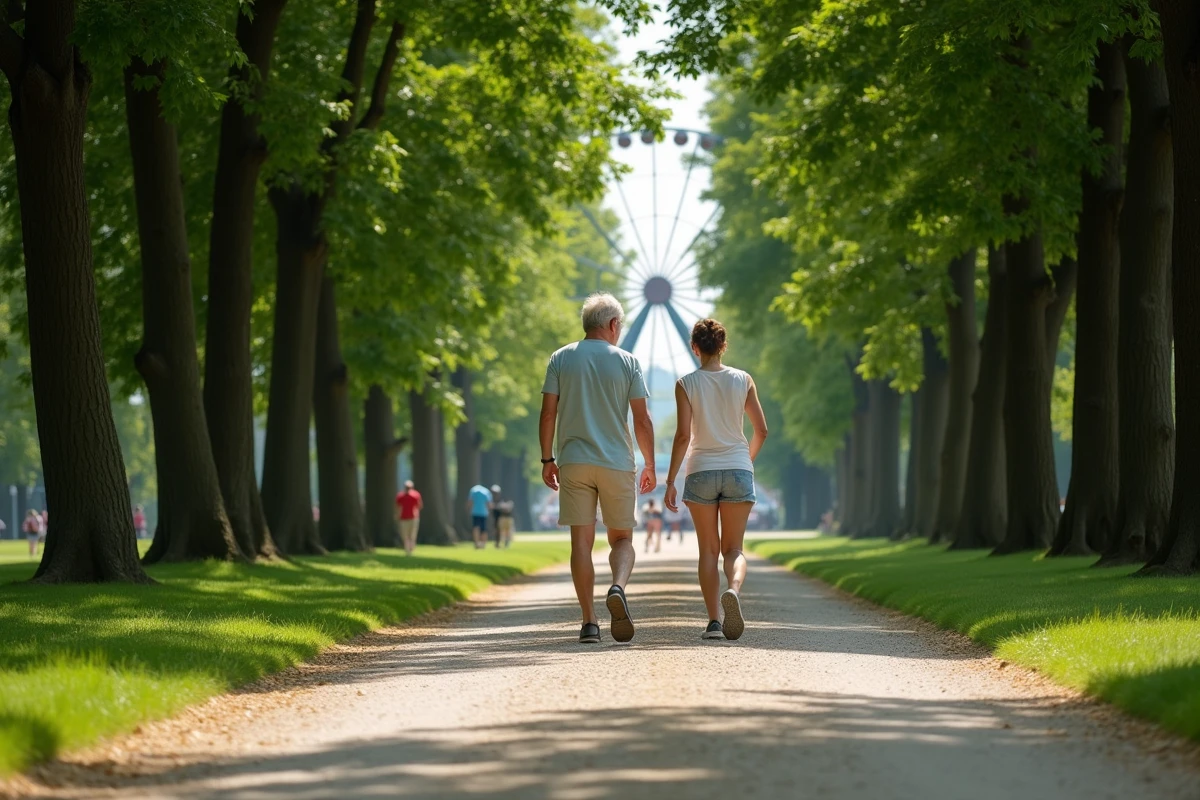 Couple se promenant dans le parc du Prater à Vienne en été avec la grande roue Riesenrad visible entre les arbres