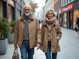 Un senior et une jeune femme marchent dans une ville moderne
