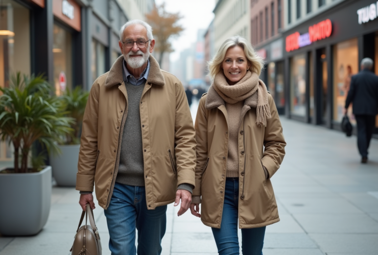 Un senior et une jeune femme marchent dans une ville moderne