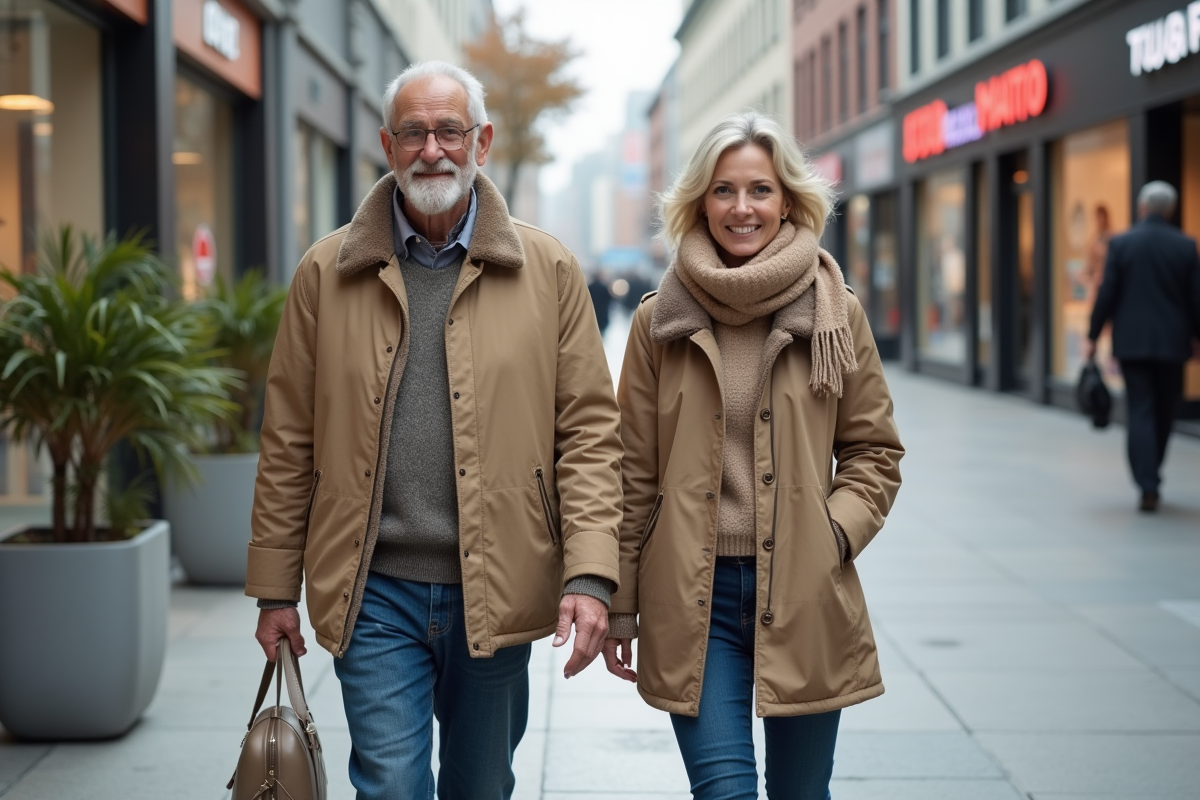 Un senior et une jeune femme marchent dans une ville moderne