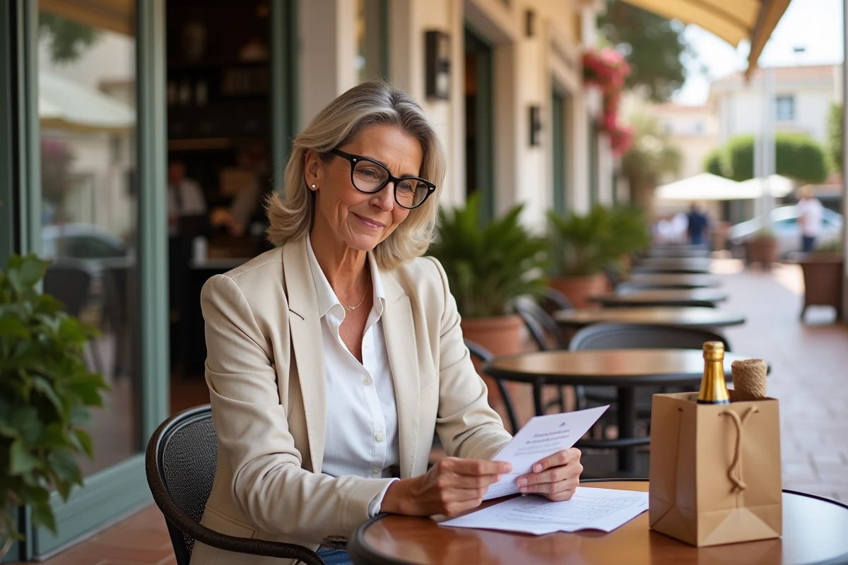 Femme consultant une liste des quantités de cartouches admises en Espagne sur une terrasse de café méditerranéen