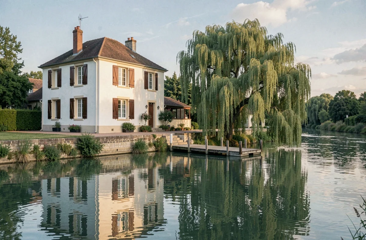 La Raimbaudière à Guigneville-sur-Essonne, maison blanche aux volets foncés au bord de la rivière Essonne avec saule pleureur
