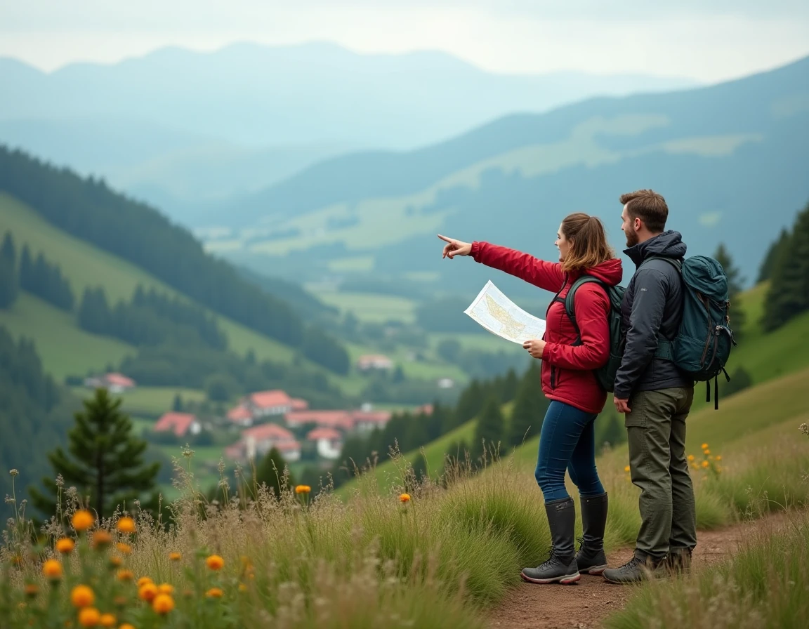 Couple de randonneurs consultant une carte sur une colline verdoyante avec vue panoramique sur les vallées et fermes typiques du Pays Basque