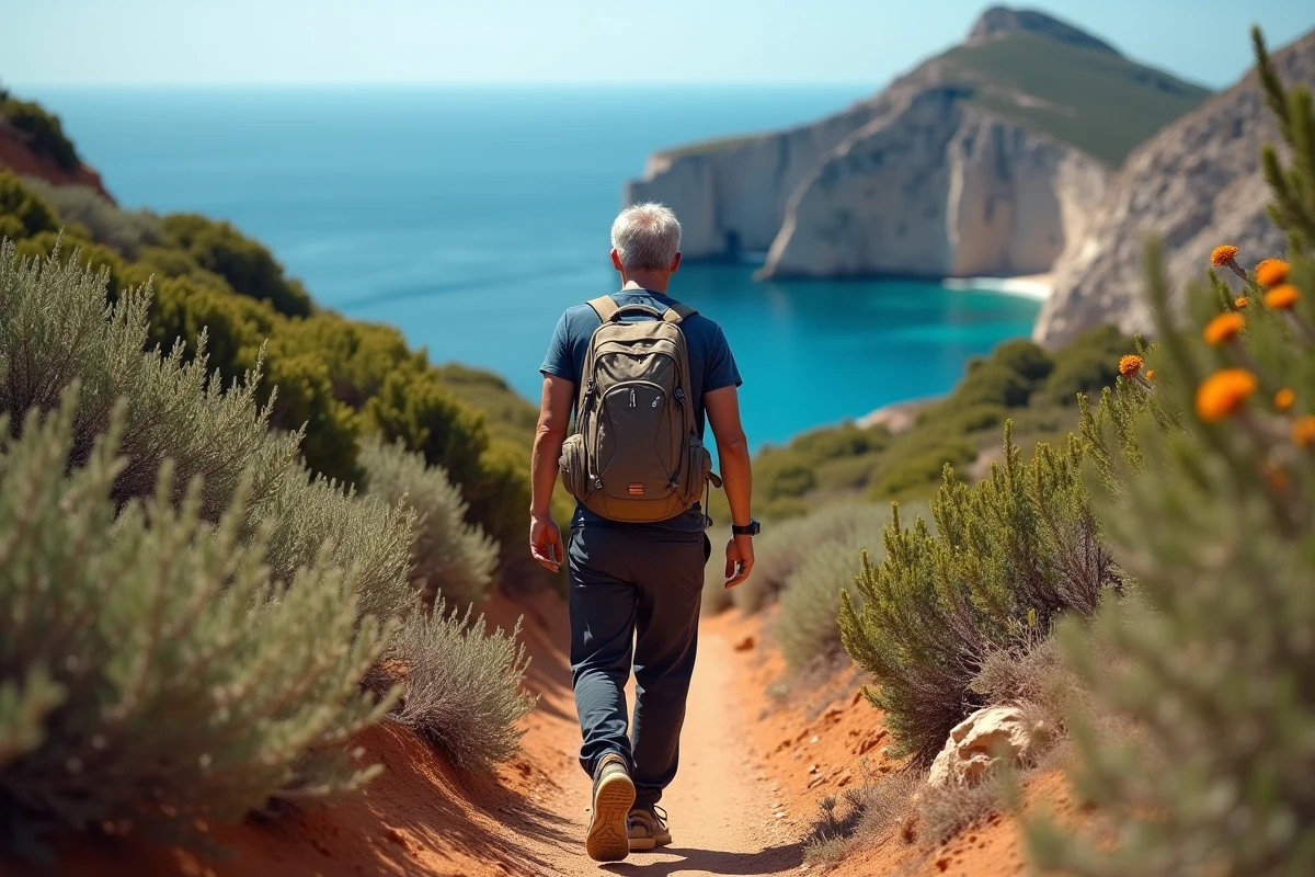 Randonneur marchant sur le sentier du Capu di Muru à travers le maquis corse fleuri