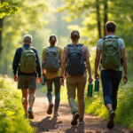 Groupe de randonneurs dans la forêt avec bouteilles réutilisables