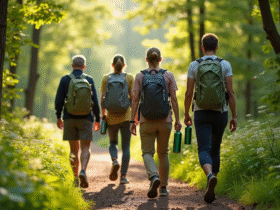 Groupe de randonneurs dans la forêt avec bouteilles réutilisables
