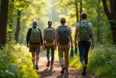 Groupe de randonneurs dans la forêt avec bouteilles réutilisables