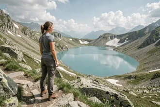 Randonneuse contemplant un lac glaciaire turquoise depuis un sentier rocheux en Valle d'Aoste en été