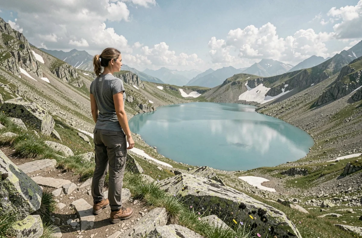 Randonneuse contemplant un lac glaciaire turquoise depuis un sentier rocheux en Valle d'Aoste en été