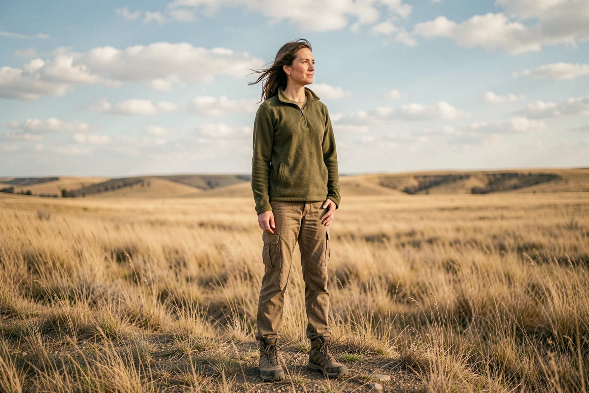 Randonneuse contemplant les prairies sauvages et méconnues des Flint Hills au Kansas, paysage américain isolé