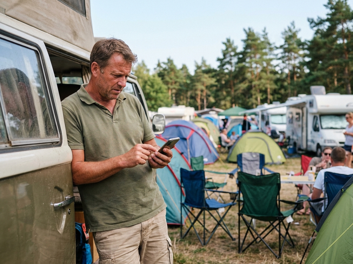 Homme cherchant un camping disponible à la dernière minute sur son smartphone à côté de son camping-car en plein été
