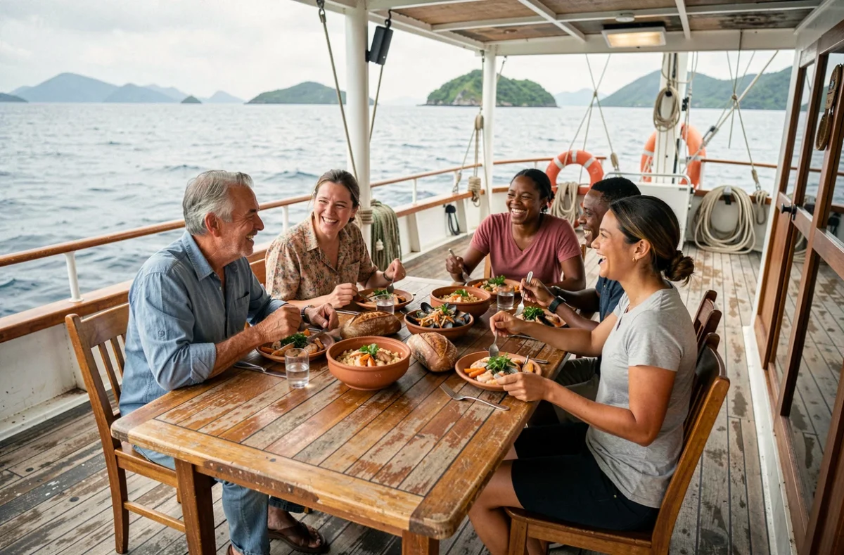 Groupe de voyageurs partageant un repas convivial sur le pont arrière d'un petit bateau de croisière en pleine mer