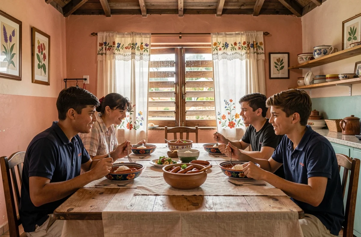 Famille réunionnaise partageant un repas créole traditionnel à l'intérieur d'une case lors d'une journée pluvieuse