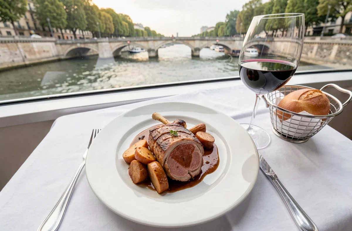 Assiette gastronomique servie lors d'un déjeuner croisière sur la Seine
