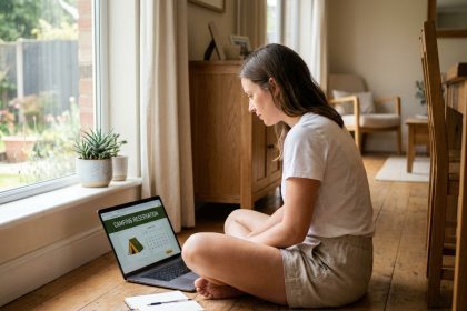 Femme réservant un camping en ligne sur son ordinateur portable depuis son salon, planifiant ses vacances d'été 2026