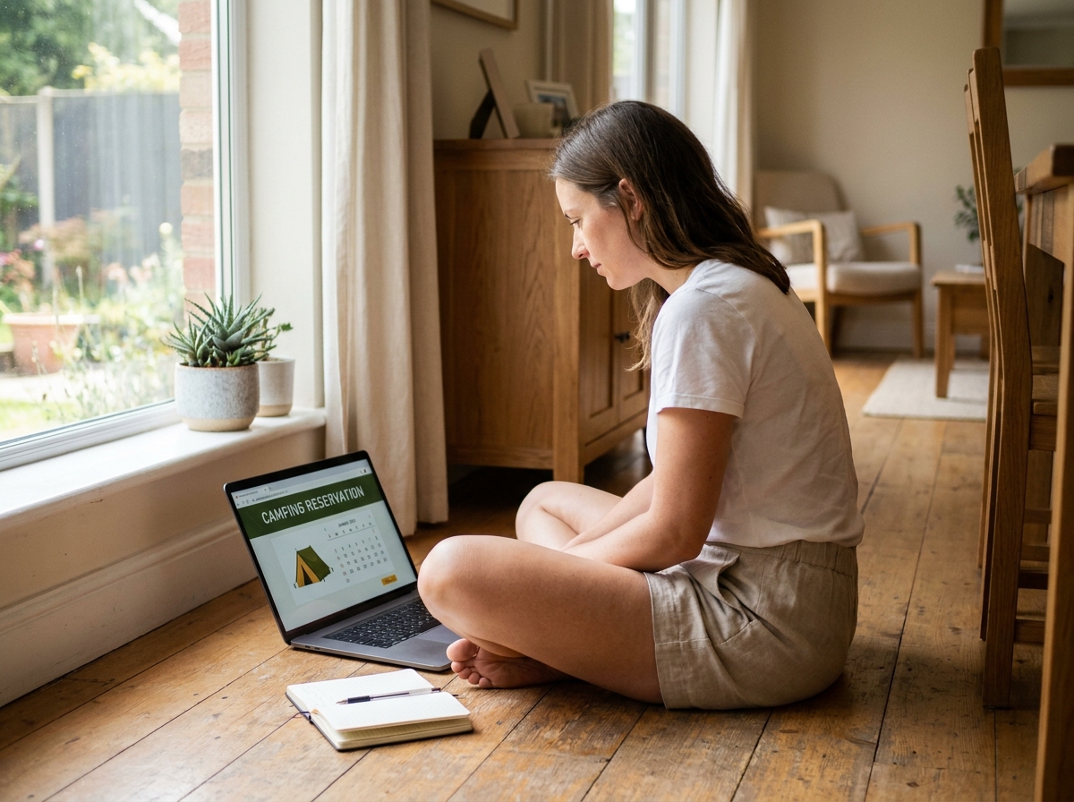 Femme réservant un camping en ligne sur son ordinateur portable depuis son salon, planifiant ses vacances d'été 2026