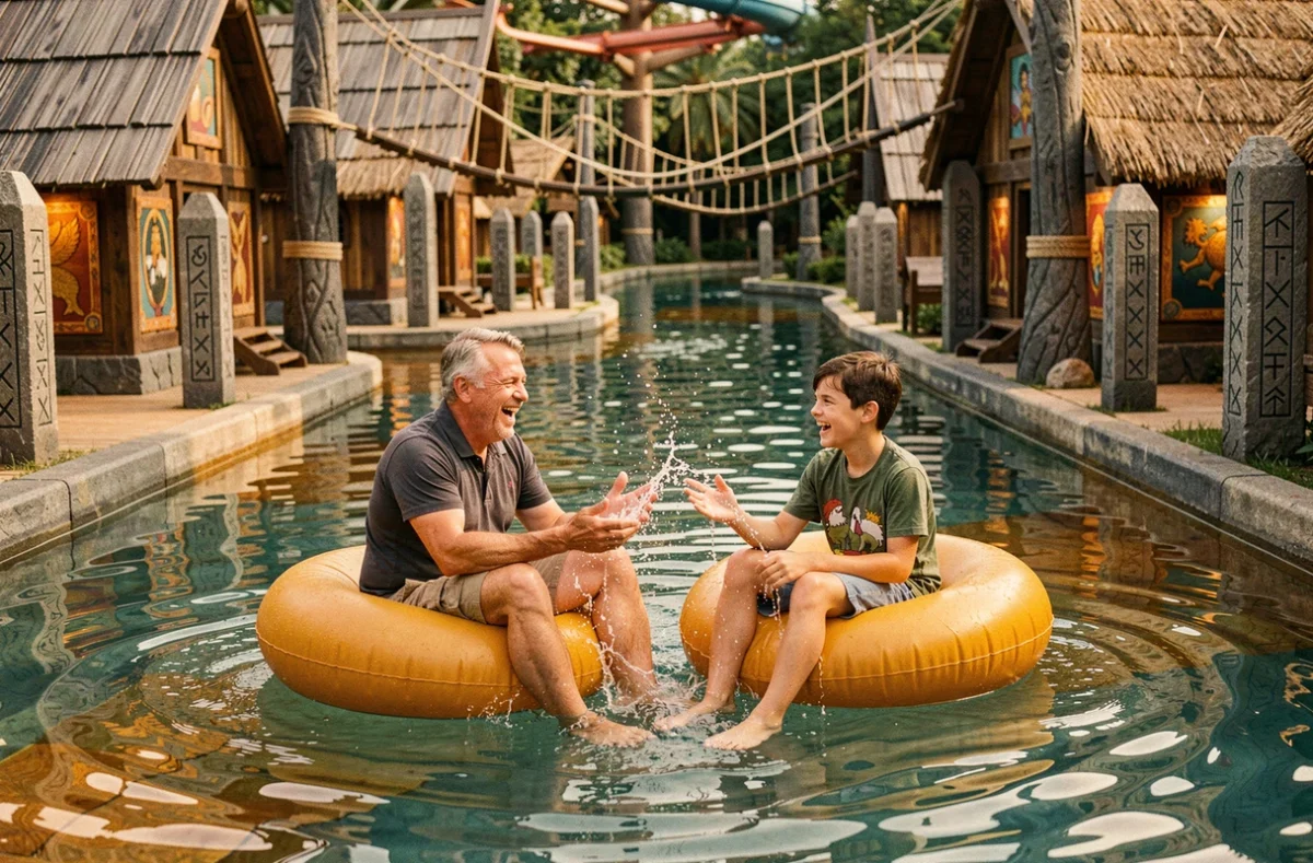 Père et fils dans la rivière paresseuse de Rulantica Europa-Park avec décoration village viking autour du canal