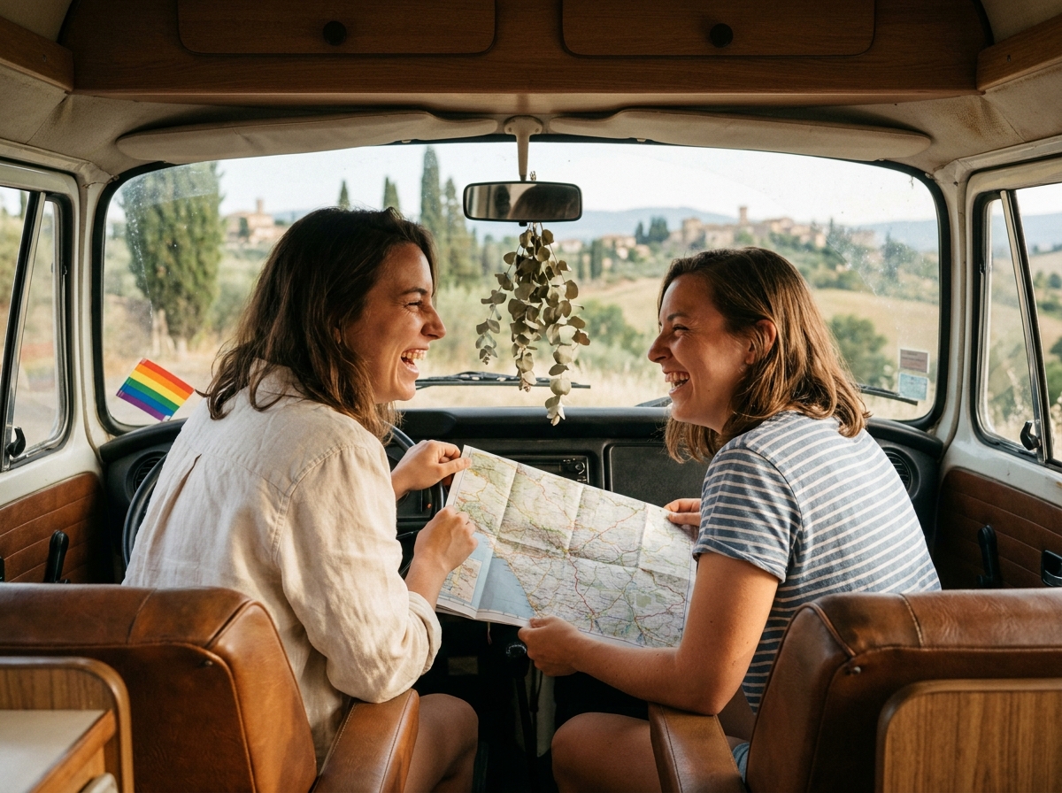 Deux femmes souriantes consultant une carte routière dans un van vintage lors d'un road trip LGBTQ+ en Europe