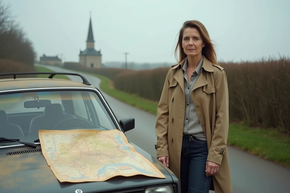 Femme consultant une carte routière sur le bord d'une route normande lors d'un road trip côtier