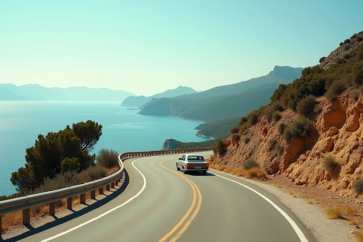 Route côtière sinueuse entre Propriano et Ajaccio longeant les falaises de Corse avec une voiture en mouvement