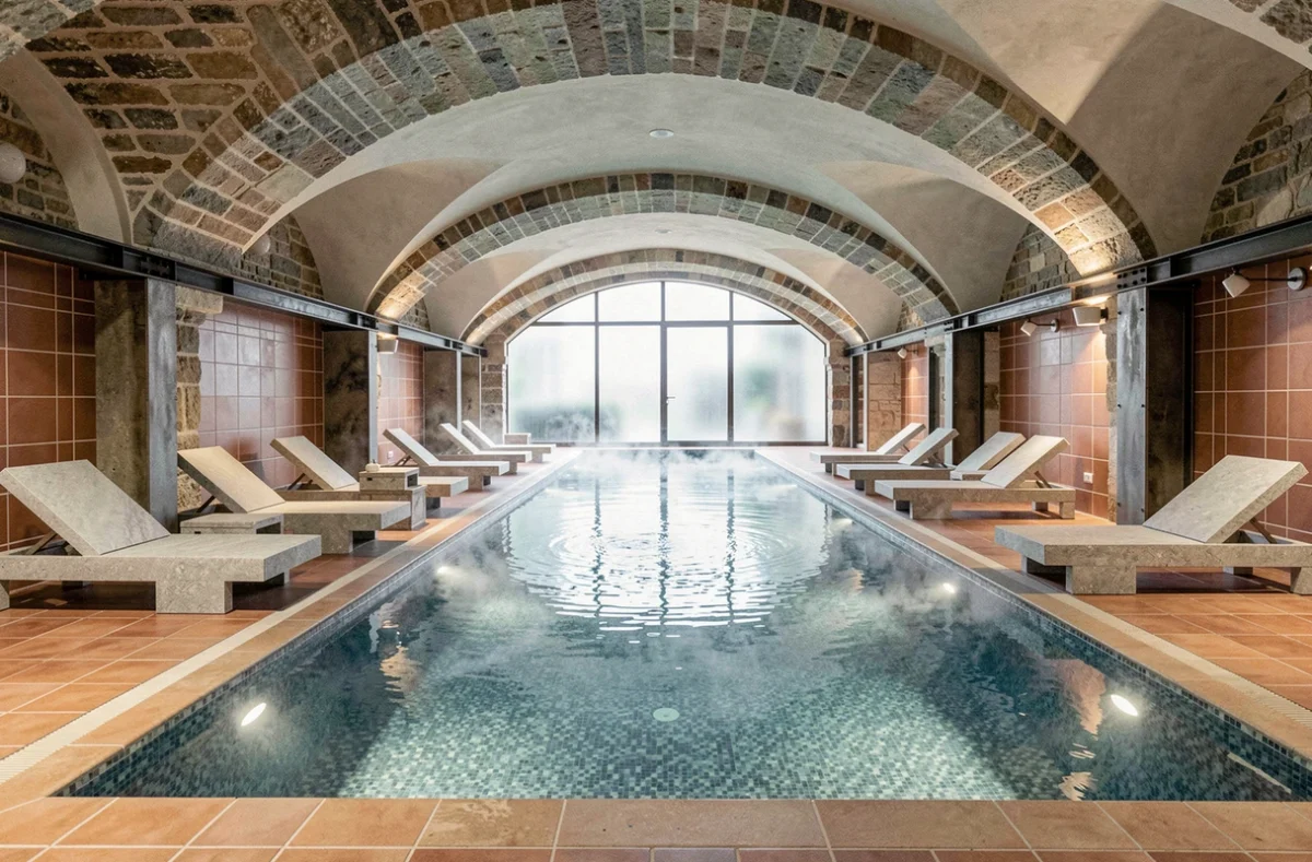Piscine intérieure du Royal Hainaut Spa and Resort Hotel à Valenciennes, avec carrelage en mosaïque et voûtes en pierre